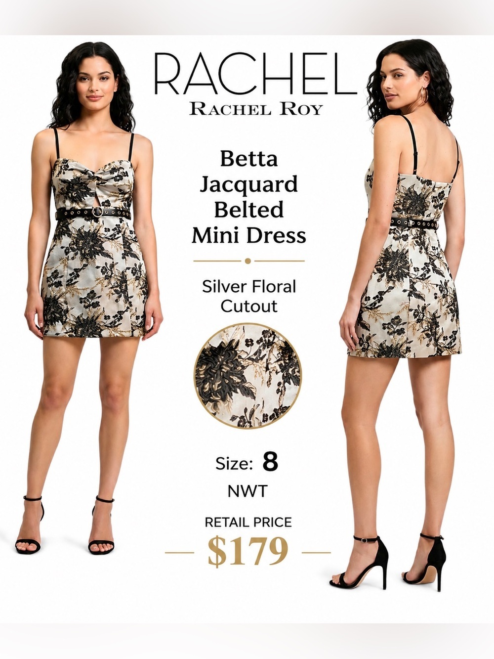 RACHEL Rachel Roy Betta Jacquard Belted Mini Dress Silver Floral Cutout NWT 8